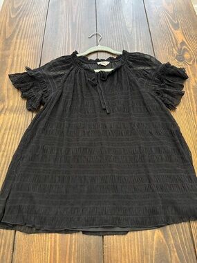 Black Ruffle Short-Sleeve Peasant Blouse with Tie Neck